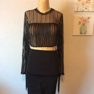 Rocistern Black Crop Top Long Sleeve w/Fringe